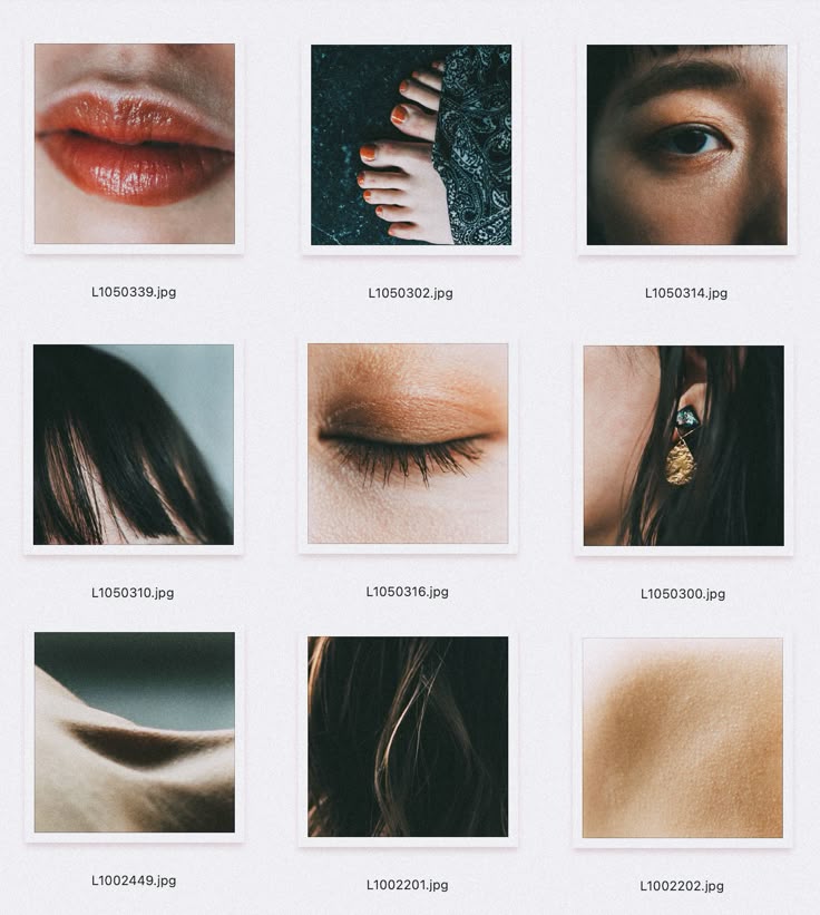 Screenshot einer Bildgalerie mit Nahaufnahmen und Detailshots von Mund, Augen, Füssen, Haut und Haare. | SR-STUDIOS